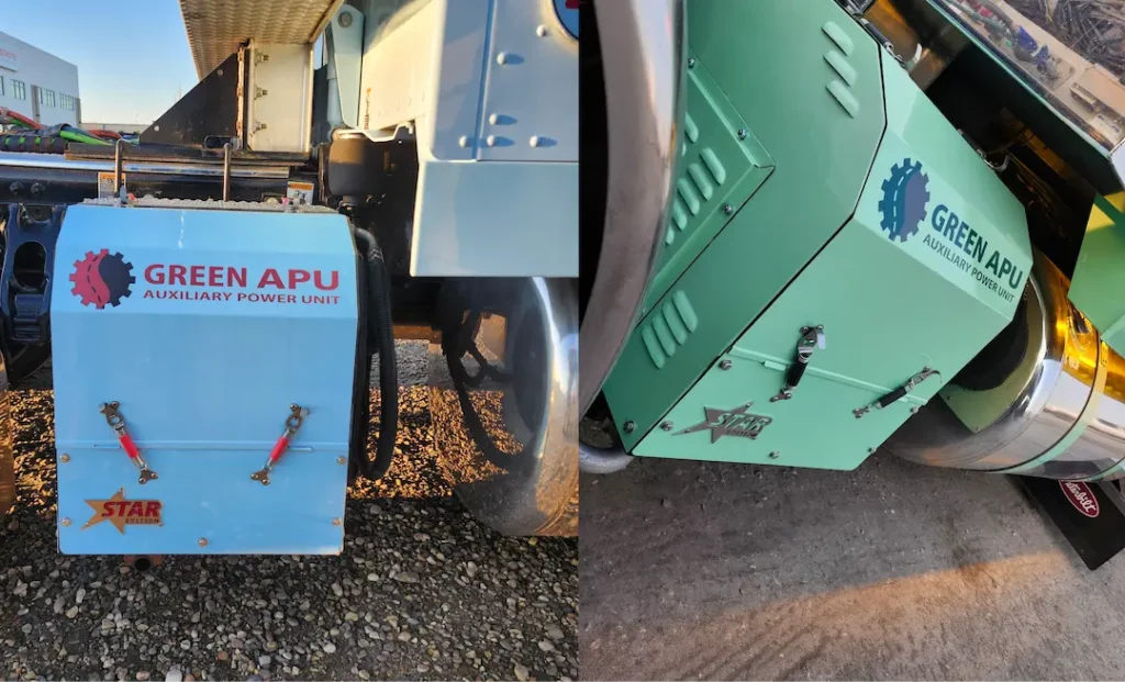Green APU In Real Life Close-up of Green APU auxiliary power units installed on trucks, highlighting fuel-saving equipment used by Bowline Logistics