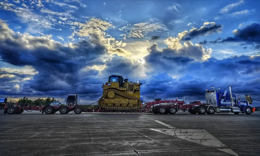 Heavy Haul Transport Trailer Bowline Logistics heavy-duty truck hauling oversized construction equipment on a multi-axle lowboy trailer beneath dramatic skies