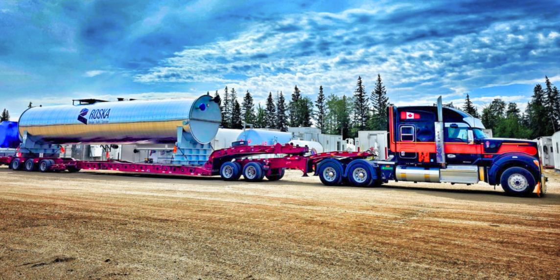 Bowline truck hauling Energy Sector equipment on a trailer in Western Canada.